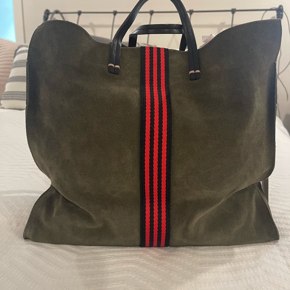 Clare V Olive Suede Tote with Red Stripe